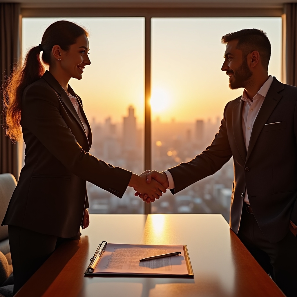 Two business professionals reviewing and signing a corporate services agreement in an office
