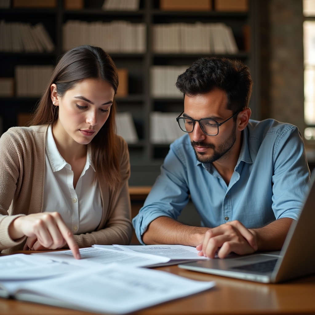 Two colleagues reviewing printed English-language onboarding materials at a desk